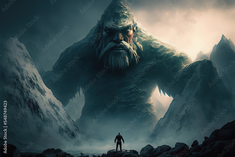 Fantasy Concept Art Of An Ancient Giant As Tall As Mountains Versus A 
